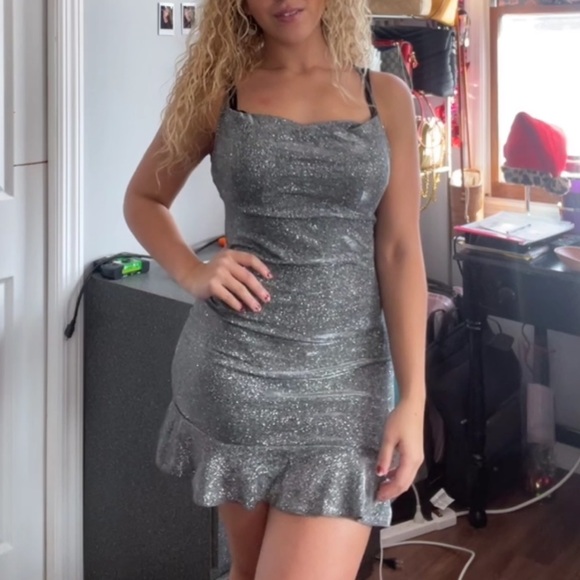 SHEIN Criss Cross Silver Glitter Flare BodyCon Mini Dress, Size Petite Medium/6 - Picture 2 of 6
